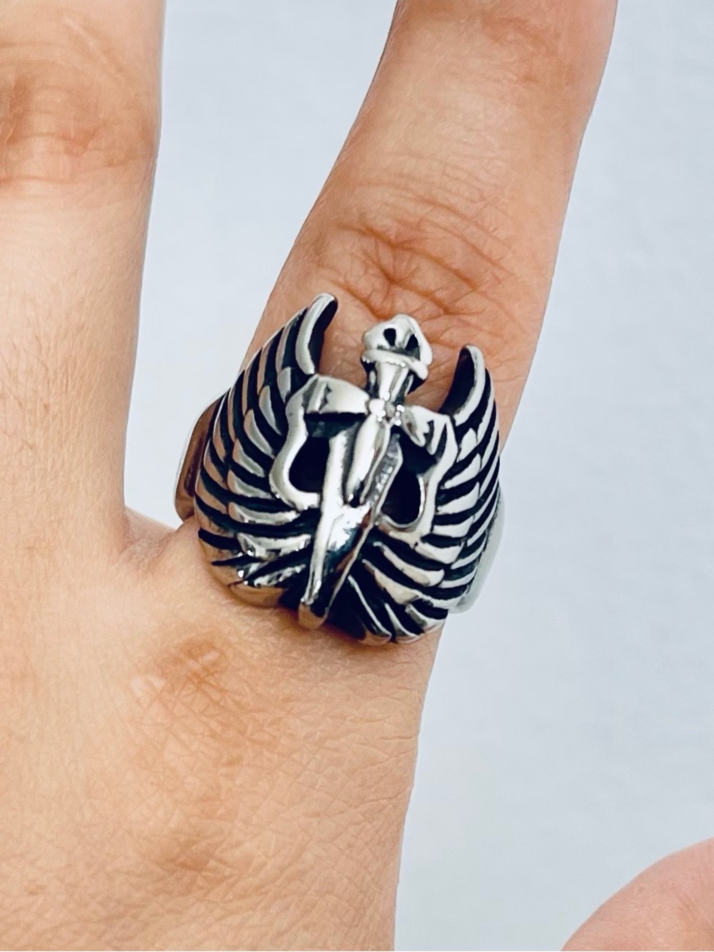 Silver Winged Dagger Men's Ring - Black & Silver